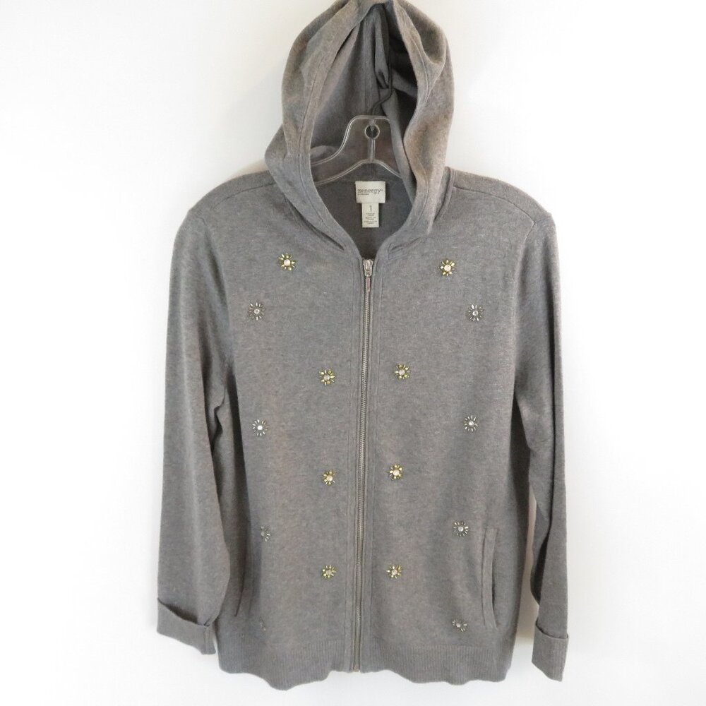 Chico's Zenergy Jacket Gray Hooded Beaded Embellished Size 1 M 8 Knit Full Zip